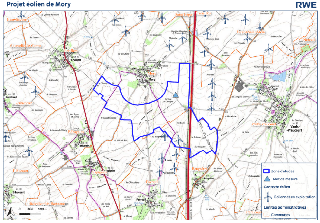 Carte de la zone d'implantation potentielle du parc éolien de Mory